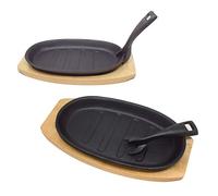 Vintage Gourmet Cast Iron Sizzle Platter Set with Wooden Trivets and Removable Handles (24cm x 14cm) and (28cm x 18cm)