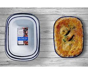 Vintage Gourmet ® Premium White Enamelware with Blue Rim, Oblong, Round Pie Dish Sets Iconic Retro Bakeware (Set of 3 Oblong Pie Dish 20,22,24cm)