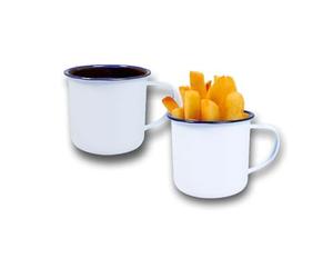 Vintage Gourmet ® Premium White Enamelware with Blue Rim, Oblong, Round Pie Dish Sets, Mugs, Iconic Retro Camping Tea/Coffee Mugs (Set of 2 Mugs 10cm - 700ml)