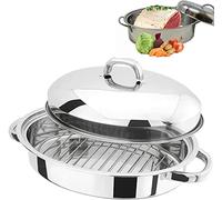 Vintage Gourmet® Professional 42CM Large Stainless Steel Self Basting Oval Domed Roaster with Rack for Airflow, Basting Juices,Carry Handles Roast Meat Catering Carvery Fits a Large Chicken 46x31x16cm