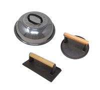 Vintage Gourmet Steak Press 3 Piece Set Burger Press Cast Iron Steak Weight Heavy Flat Top Griddle Grill Stainless Steel Baster Lid Included to Cover Burgers & Steaks Cook Safely & to Perfection