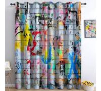 Vintage Graffiti Street Art Blackout Eyelet Curtains 72 Inch Drop, Multicolor Energy Saving Thermal & Noise Reducing Drapes for Bedroom or Living Room - 2 Panels, Total 132"W x 72"L (336x183cm)