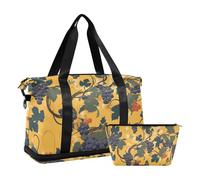 Vintage Grape Vines Leaves Mustard Yellow Background Travel Hand Bag with Wet Pocket Adjustable Strap Gym Tote Bag for Sports Multifunctional for Men Women