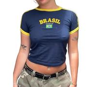Vintage Graphic Baby Tees for Women Brazil Shirt Y2k Crop Tops Soccer Jersey 2000s Going Out Tops (Deep Blue, S)