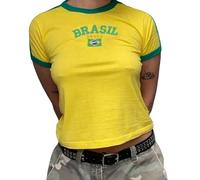 Vintage Graphic Baby Tees for Women Brazil Shirt Y2k Crop Tops Soccer Jersey 2000s Going Out Tops (Yellow, S)