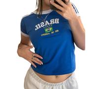 Vintage Graphic Baby Tees for Women Brazil Shirt Y2k Tops Mexico Crop Top Jersey 2000s Summer Going Out Tops, Brasil-Blue, L