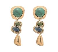 Vintage Green & Blue Stone Drop Earrings for Women, Geometric Layered Dangle Earrings with Gold Textured Frame, Bohemian Ethnic Style Jewelry for Daily & Gift Giving