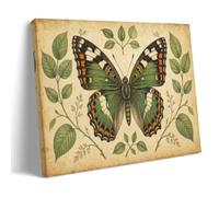Vintage Green Butterfly Botanical Wall Art, Antique Parchment Insect Leaf Illustration Canvas Printed Posters, Rustic Art for Living Room Study Bedroom Decor 12x18inch