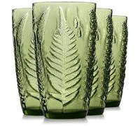 Vintage Green Drinking Glasses Set of 4 - 16 oz Hand-Blown Glass Tumblers, Heavy Textured Highball Cups, Antique-Style Colored Glassware, Retro Boho Aesthetic Drinkware - Unique Housewarming Gift