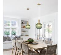 Vintage Green Glass Pendant Light - Farmhouse Ribbed Ceiling Fixture E27 Globe Hanging Lamp for Kitchen Island Bedroom & Bathroom Brass Gold Accent Retro Style