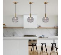 Vintage Green Glass Pendant Light - Ribbed Ceiling Fixture for Kitchen Island & Farmhouse E27 Globe Hanging Lamp with Brass Gold Accent - Ideal for Bedroom & Bathroom Lighting