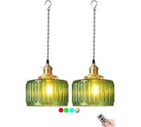 Vintage Green GlassPendantLights Battery Operated Set of 2No Wiring RechargeablePendantLampBatteryPoweredChandelierPortableHook Hanging Lantern Gold for Kitchen Island Dining Room Patio(Gree) (Green