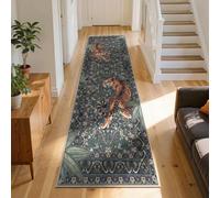 Vintage Green Hallway Runner Rug 100x200cm Bohemia Tiger and Bamboo Pattern | Distressed Oriental Long Runner Carpet, Non-Slip Jungle Wildlife Kitchen Bedroom Floor Mat, Washable, low pile