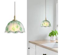 Vintage Green Leaf Pendant Light, Japanese Hanging Lamp with Frosted Glass Scalloped Shade, Brass Fixture, Cottagecore Decor Lighting for Kitchen Island, Dining Room, Bedroom