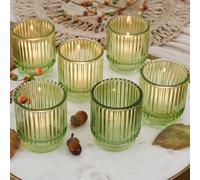 Vintage Green Ribbed Glass Tealight Votive Candle Holders by Kate Aspen (Set of 6), Fall Decor, Boho Decor, Shelf Decoration | Perfect Hostess Gift or Home Decor
