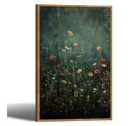 Vintage Green Wall Art Prints Floral Botanical Painting Pictures Large Framed Moody Landscape Canvas Wall Art for Living Room Rustic Nature Wildflowers Field Wall Decor for Bathroom 12"x16"