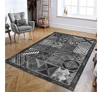 Vintage Grey Area Rug 100x160 cm Rectangular Washable NonSlip Carpet with Patchwork Designs Short Pile Contemporary Floor Mat for Living Room & Bedroom