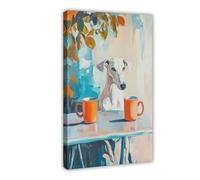 Vintage Greyhound Coffee Print Dog Teacups Illustration Poster Dining Room Wall Art Still Life Painting Retro Kitchen Decor Mom Gift