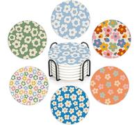 Vintage Groovy Flowers Drink Coasters with Holder,Ceramic Coasters for Tables, Cork Backed Drink Mats for Coffee/Wine,Kitchen & Office Accessories