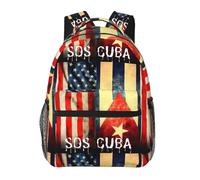 Vintage Half American Cuban Flag Sos Cuba Backpack Casual Pack Bag Laptop Backpack With Side Pocket Front Zipper Pocket Bookpack Travel Daypack Picnic Rucksack