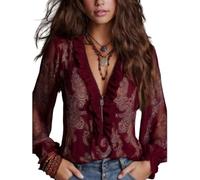 Vintage Half-Zip Ruffle Blouse Long Sleeve V-Neck Printed Regular Fit Top Navy Baroque Paisley Ruffle Zip Chiffon Blouse (Dark Red,L)