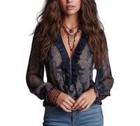 Vintage Half-Zip Ruffle Blouse Long Sleeve V-Neck Printed Regular Fit Top Navy Baroque Paisley Ruffle Zip Chiffon Blouse