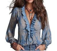 Vintage Half-Zip Ruffle Blouse Long Sleeve V-Neck Printed Regular Fit Top Navy Baroque Paisley Ruffle Zip Chiffon Blouse (Sky Blue,L)