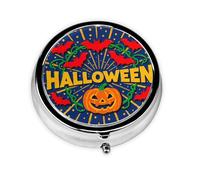 Vintage Halloween Bat Pattern Round Pill Box with 3 Compartments, Mini Metal Pill Organizer for Purse or Pocket, Lightweight Portable for Daily Use Gifts Travel