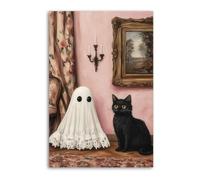 Vintage Halloween Cute Ghost And Black Cat on Whimsical Pink Poster Decorative Painting Canvas Wall Posters And Art Picture Print Modern Family Bedroom Decor Posters 08x12inch(20x30cm)