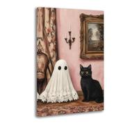 Vintage Halloween Cute Ghost And Black Cat on Whimsical Pink Poster Decorative Painting Canvas Wall Posters And Art Picture Print Modern Family Bedroom Decor Posters 16x24inch(40x60cm)