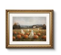 Vintage Halloween Ghost and Pumpkin Patch Gold Framed Wall Art, 13x16 Inch Canvas Print with Spooky Autumn Fall Landscape Painting, Rustic Halloween Living Room Bathroom Bedroom Home Decor