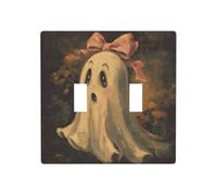 Vintage Halloween Ghost with Pink Bow Double Gang Toggle Light Cover Wall Plate Switch Decor Standard Size - 11.4x11.4cm