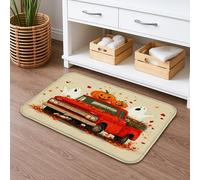 Vintage Halloween Red Truck Bath Mat, Pumpkin Ghosts Fall Decor Non Slip Shower Rug, Cozy Memory Foam Washable Bath Rugs for Bathroom Toilet Restroom 16x24 Inch