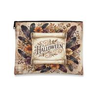 Vintage Halloween Scroll Floral Quote Makeup Bag 7x9 Inch | Vintage Autumn Aesthetic, Cosmetic Bag, Rustic Floral Print, Dark Feather Accents, Zippered Storage Pouch