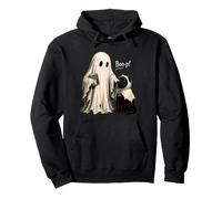 Vintage Halloween Spooky Ghost with Black Cat and Book Pullover Hoodie