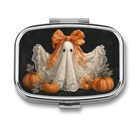 Vintage Halloween Whimsical Ghost Floral Lace Pill Box 2 Compartment Portable Medicine Pill Case Travel Pill Organizer for Pocket Purse