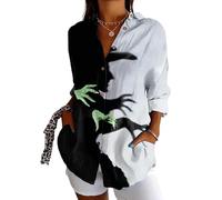 Vintage Halloween Witch Prints Casual Shirt for Women Halloween Witch Shadow Button-Down Top, gray, S
