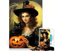 Vintage Halloween Witch with Black Cat 1000 Piece Puzzle For Adults Mind Skill Play Laser Cut for Flawless Fit Rewarding Activity for Rainy Days (38x52cm)