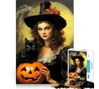 Vintage Halloween Witch with Black Cat Jigsaw 1000 Piece Mind Skill Play Stable Fit No Shifting Parts Enjoyable Pastime for Long Weekends (50x75cm)