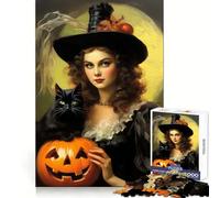 Vintage Halloween Witch with Black Cat Jigsaws for Adults1000 Pieces Logic Practice Peaceful Escape Clean Edges Unique Xmas Gift (50x75cm)