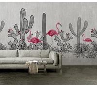 Vintage Hand Drawn Flamingo Cartoon Cactus 3D Wallpaper Luxury Silk Study Dining Feature Sofa Grey Bedroom Living Room Tv Decorative Wall-300cm×210cm