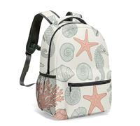 Vintage Hand-Drawn Ocean Elements Print Backpack: Shells, Starfish, and Coral Pattern Full-Printed Backpack for Ocean Lovers (05)