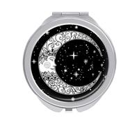 Vintage Hand Drawn Retro Face of the Moon Stars Folding Make Up Mirror, Compact 2X/1X Magnification Mirror, Women Portable Travel Makeup Mirror 2.4 x 2.4 inch
