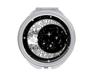 Vintage Hand Drawn Retro Face of the Moon Stars Folding Make Up Mirror, Compact 2X/1X Magnification Mirror, Women Portable Travel Makeup Mirror 2.4 x 2.4 inch