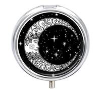 Vintage Hand Drawn Retro Face of The Moon Stars on Black Iron Pill Box Case Organizer with Internal Separate Plastic Dividers, Travel Small Medicine Bag Holder Carrier Round Container