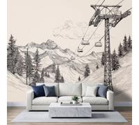 Vintage Hand Drawn Wallpaper Mural 400W x 280H cm, Cable Car Sport Snowy Mountain Pine Tree Wall Poster Photo Wallpaper Mural 3D Effect Black and White Wall Art Poster for Bedroom Living Room