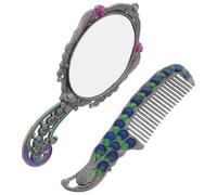 Vintage Hand Mirror and Comb Set with Zinc Alloy Peacock Design | Dressing Tables and Small Bedrooms, Ornate Decorative Styling, Reflections, Sturdy Space Saving Build