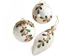 Vintage Hand Painted Glass Christmas Tree Ornaments Set of 3, Unique Retro Designs for Festive Holiday Decor, White Baubles in Mixed Shapes(Combination One)