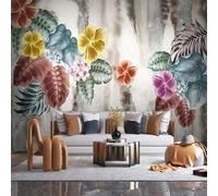 Vintage Hand Painted Tropical Plants Colourful Flowers 3D Wallpaper Textured Silk Easy Install Living Room Sofa Bedroom Dining Room Home Decoration Wall-250cm×170cm