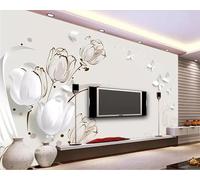 Vintage Hand Painted Tulip White Butterfly 3D Wallpaper Silky Texture Home Study Office Grey Dining Room Sofa Bedroom Living Room TV Backdrop-250cm×170cm
